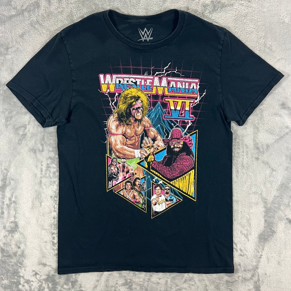 WWE WrestleMania VI Graphic Tee Mens Medium Black Good Retro Wrestling T-Shirt